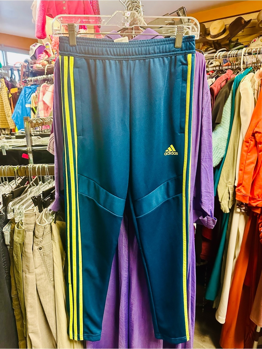adidas Kids Teal Track Pants with Neon Yellow Stripes